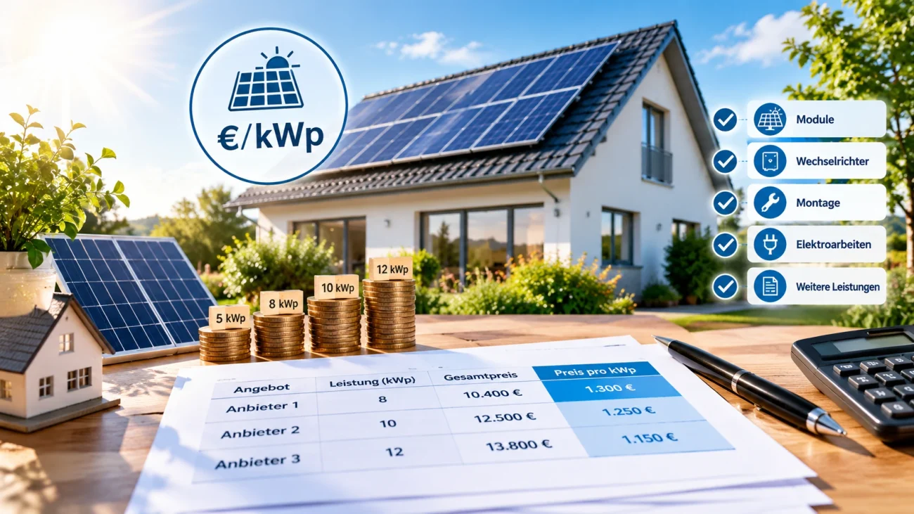 Wer Angebote für eine Photovoltaikanlage vergleicht, stößt schnell auf den Begriff Euro pro kWp. Diese Kennzahl scheint zunächst einfach: Gesamtpreis der Anlage geteilt durch ihre Leistung. Doch genau hier liegt eine typische Falle. Ein niedriger Preis pro kWp bedeutet nicht automatisch, dass ein Angebot tatsächlich günstiger oder besser kalkuliert ist.