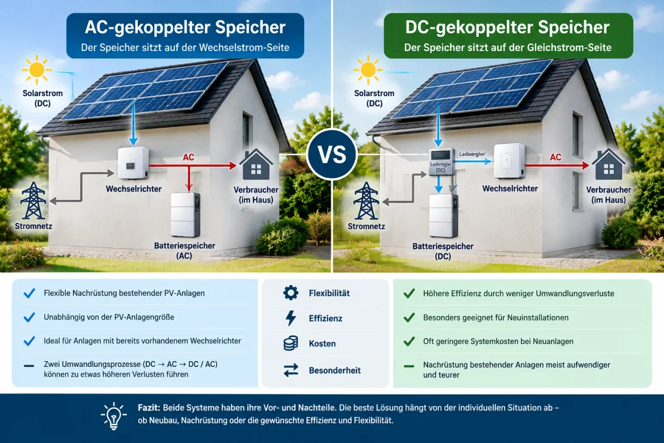 AC- oder DC-gekoppelter Stromspeicher? Erfahren Sie die wichtigsten Unterschiede, Vorteile und Nachteile und welche Lösung zur PV-Anlage passt.