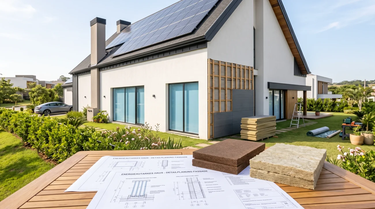 Energetische Sanierung eines modernen Einfamilienhauses mit Bauplänen und Dämmstoffmustern im Vordergrund passend zur BAFA-Förderung 2026