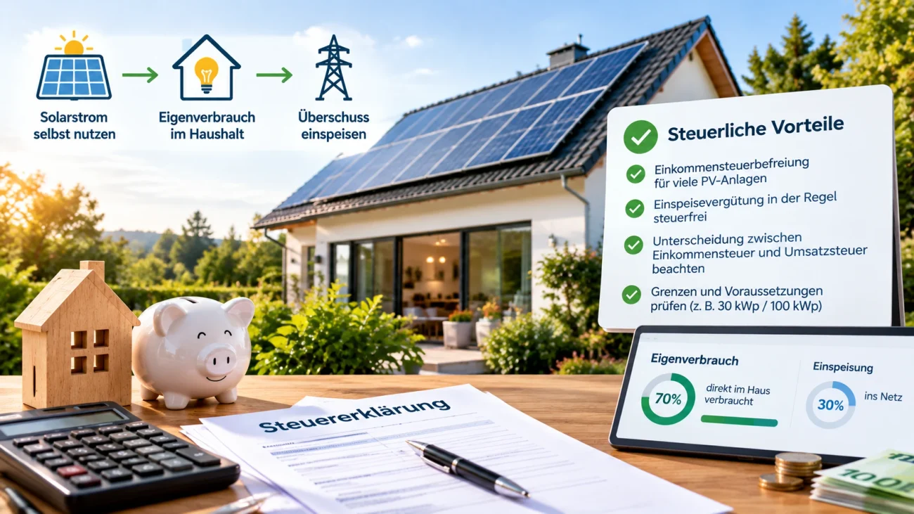 Eigenverbrauch und Steuer bei Photovoltaik: Was Hausbesitzer 2026 über Einkommensteuer, Umsatzsteuer, Einspeisung und Steuerbefreiung wissen müssen.